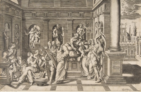 The birth of Saint John the Baptist set within a classical building, ca 1531-76.