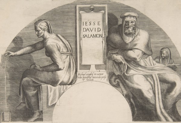 The ancestors of Christ flanking an inscribed tablet, an arched top composition, 1531-76.