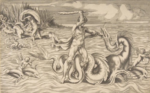 Hercules fight adragon in the centre, Achelous carrying off Deianeira upper left, 1531-76.