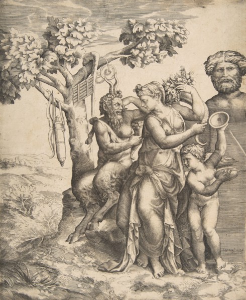 Pan at the left seated next to a standing nymph, to the right Cupid holding cymbals, 1531-76. Creator: Giulio Bonasone.