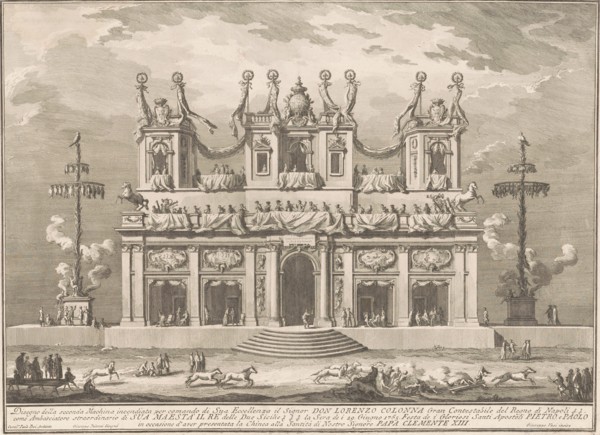 The Seconda Macchina for the Chinea of 1765: A Decorated Building with Cockaigne Poles, 1765. Creator: Giuseppe Vasi.