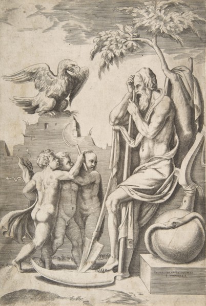 Father Time at the right leaning on a scythe, three naked boys and eagle at the left, 1..., 1531-76. Creator: Giulio Bonasone.