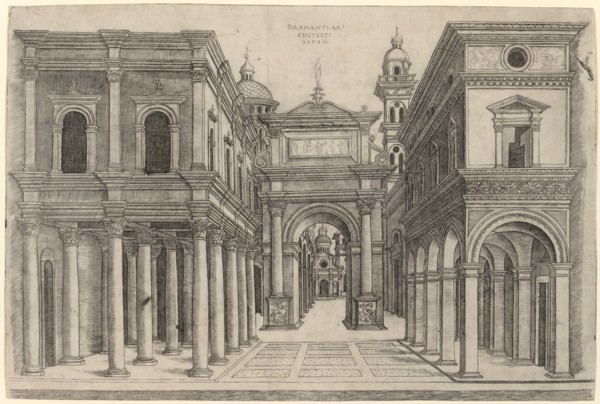 A Street with Various Buildings, Colonnades and an Arch, c. 1500/1510. Creator: Zoan Andrea.