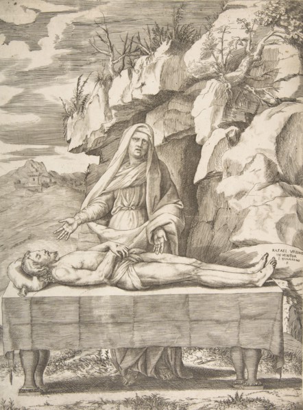 Pieta, Christ stretched out on a table in a landscape, the Virgin standing behind arms ..., 1531-76. Creator: Giulio Bonasone.
