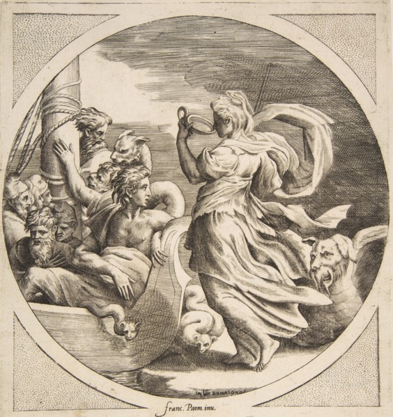 Circe drinking from a cup with the companions of Ulysses in a boat at left, a circular ..., 1531-76. Creator: Giulio Bonasone.