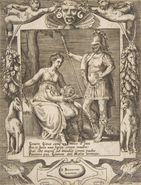 Juno, Mars and Cupid, set within an elaborate frame, from the 'Loves, Rages and Jealous..., 1531-76. Creator: Giulio Bonasone.