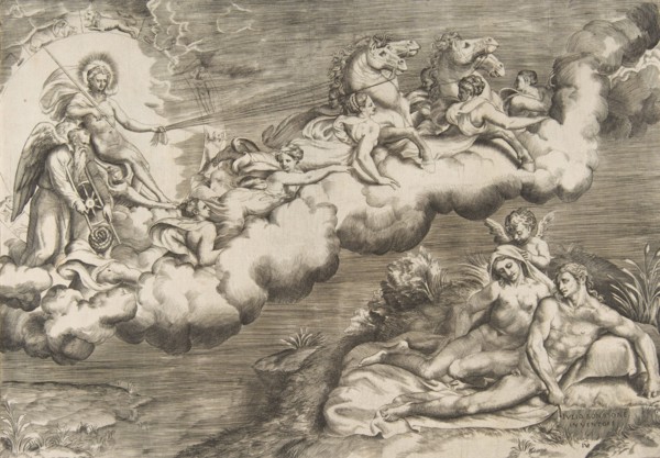 An allegory of the rising sun, a naked man wearing a shroud and accompanied Father Time..., 1531-76. Creator: Giulio Bonasone.