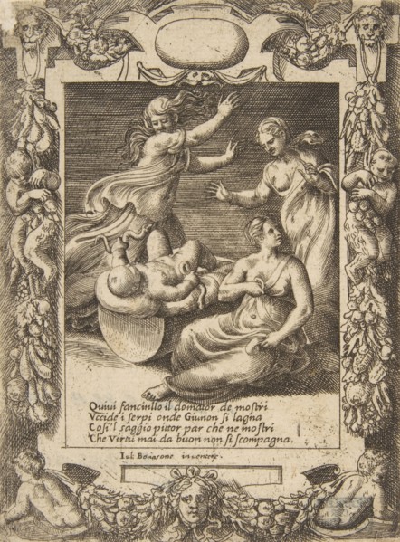 The infant Hercules killing the snakes, set within an elaborate frame, from the 'Loves,..., 1531-76. Creator: Giulio Bonasone.