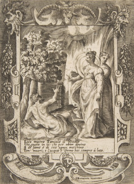 Tantalus at left speaking to Diana at right, set within an elaborate frame, from the 'L..., 1531-76. Creator: Giulio Bonasone.