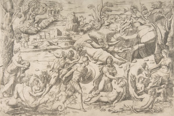 Mars and Rhea Silvia: in the centre Mars holds a shield and sword, Rhea Silvia sleep..., ca 1531-76. Creator: Giulio Bonasone.