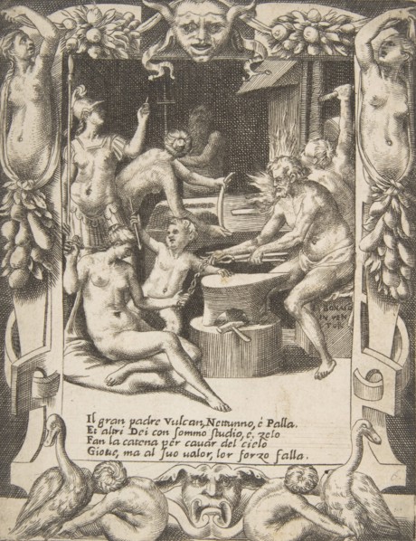 Vulcan, Neptune, Athena and other Gods making Shackles to pull Jupiter from the Heavens..., 1531-76. Creator: Giulio Bonasone.