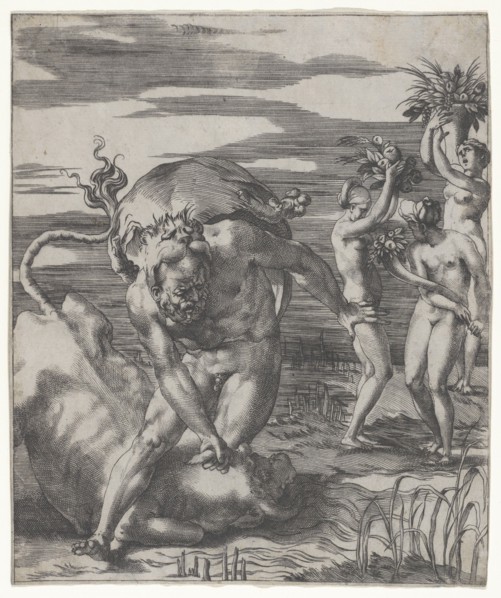 Hercules defeating the river god Achelous in the form of a bull, with three women t..., ca. 1526-27. Creator: Giovanni Jacopo Caraglio.