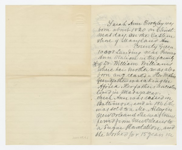 Biography of Sarah Ann Blunt Crozley, December 1884. Creator: Unknown.