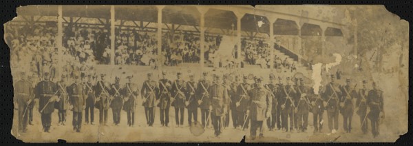 Albumen print of African American Odd Fellows in front of a grandstand, 1890-1930. Creator: Unknown.