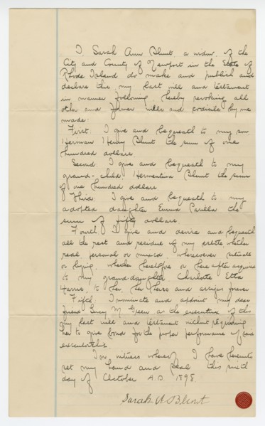 Last will and testament of Sarah Ann Blunt Crozley, October 1898. Creator: Sarah Ann Blunt Crozley.