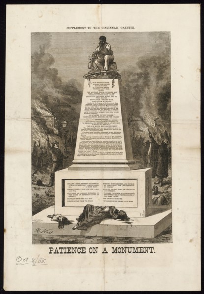 'Patience on a Monument', October 8, 1868. Creator: Thomas Nast.