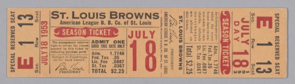 Season ticket for the St. Louis Browns baseball team, 1953. Creator: Unknown.