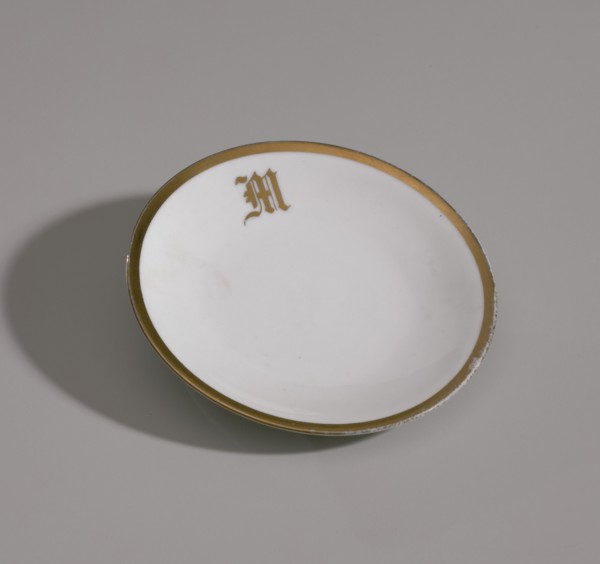White plate with gold trim from Mae's Millinery Shop, 1941-1994. Creator: Classic Bavaria.