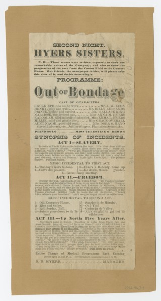 Broadside for the musical drama "Out of Bondage", 1876. Creator: Unknown.