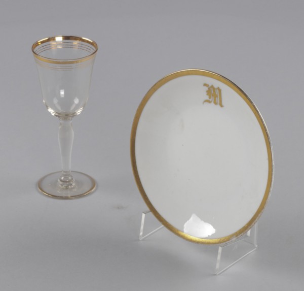 Glass and bowl with gold decoration from Mae's Millinery Shop, 1941-1994. Creator: Unknown.