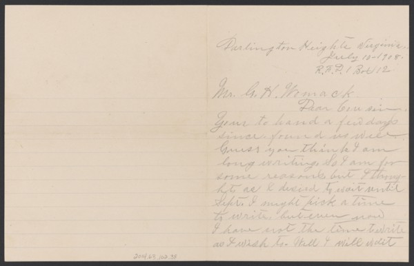 Letter from Julia Jordan to G. H. Womack, July 10, 1908. Creator: Julia Womack.