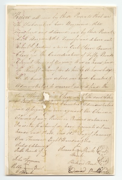Bill of sale for a girl named Clary purchased by Robert Jardine for 50 pounds, January 15, 1806. Creator: Unknown.
