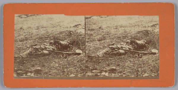 Stereograph of a deceased soldier on the battlefield after Gettysburg, 1863. Creator: Alexander Gardner.