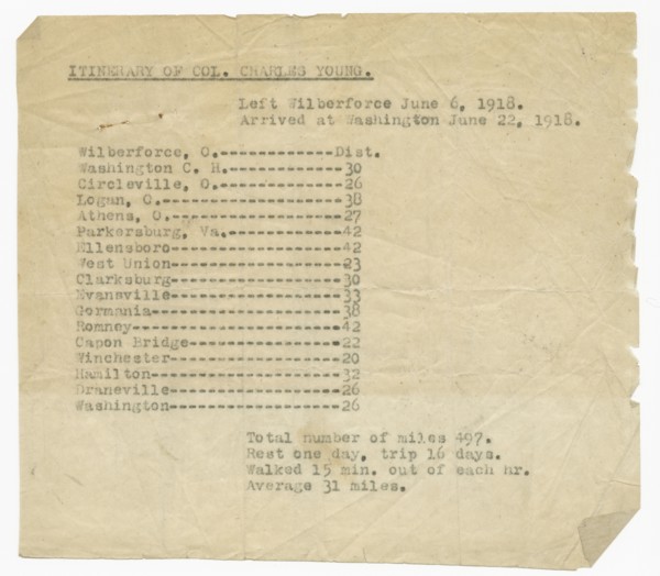 Itinerary for Col. Charles Young's trip from Wilberforce, OH to Washington, DC, 1918. Creator: Unknown.