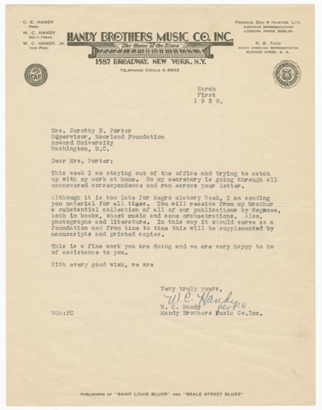 Letter to Dorothy Porter from W.C. Handy, March 1, 1939. Creator: WC Handy.