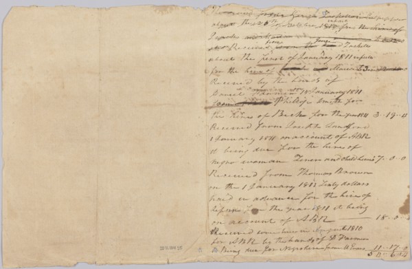 Accounting record for the Rouzee family with notes on hires of enslaved persons, 1810-1811. Creator: Unknown.