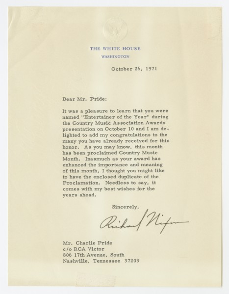 Letter to Charley Pride from Richard Nixon, October 26, 1971. Creator: Richard Nixon.