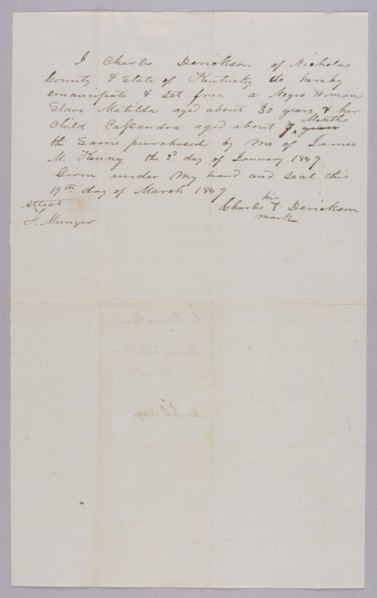 Manumission paper for Matilda and Cassandra Derickson, 1849. Creator: Unknown.