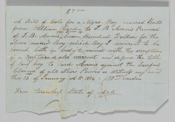Bill of sale for a boy named Hall to Jerome B. Annis, January 16, 1854. Creator: William Cardin.