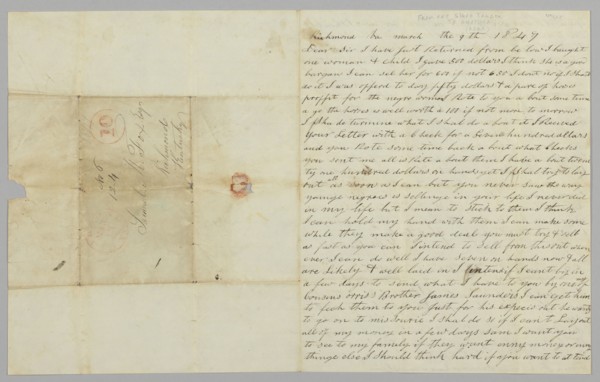 Letter to Samuel Fox from Giles Saunders regarding the slave trade, March 9, 1847. Creator: Giles Saunders.