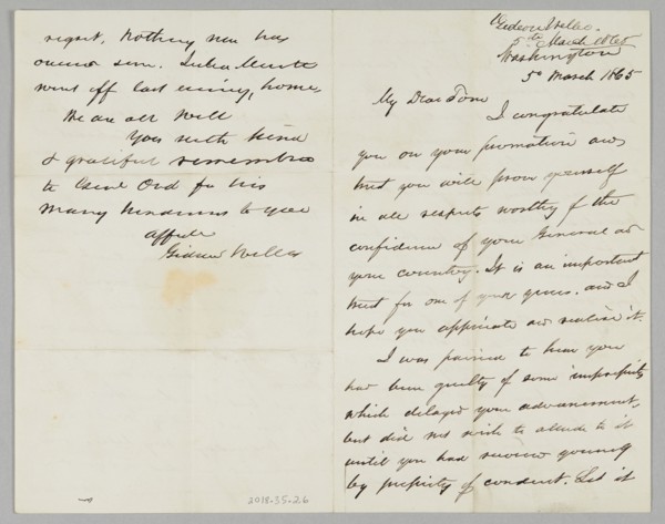 Letter from Secretary Gideon Welles to his son Thomas, March 5, 1865. Creator: Gideon Welles.