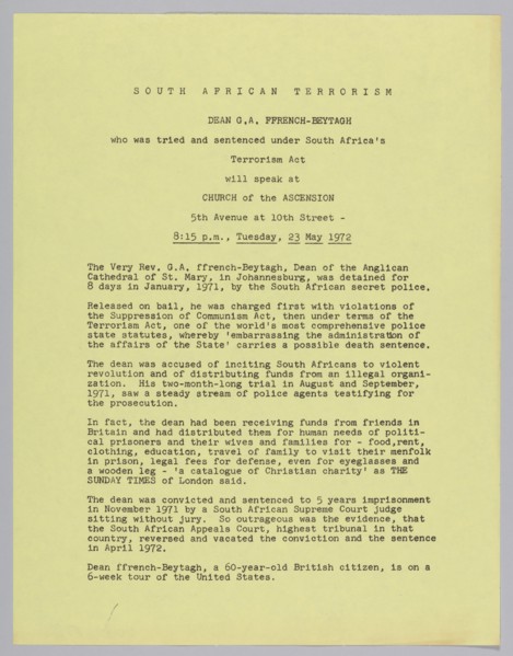 Flyer announcing a speech by Dean G.A. FFrench-Beytagh, 1972. Creator: Unknown.