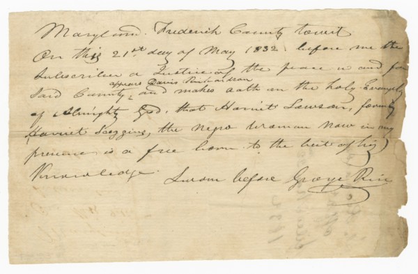 Pass for free woman Harriet Lawson to visit her husband, Caleb, May 21, 1832. Creator: Unknown.
