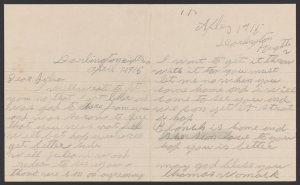 Letter from Thomas Womack to Julia Womack with envelope, April 7, 1915. Creator: Thomas Womack.