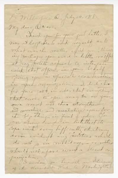 Letter to Oscar W. Price from Colonel Charles Young, July 14, 1918. Creator: Charles Young.