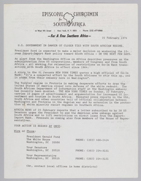 Letter by the Episcopal Churchmen for South Africa, February 25, 1976. Creator: Unknown.