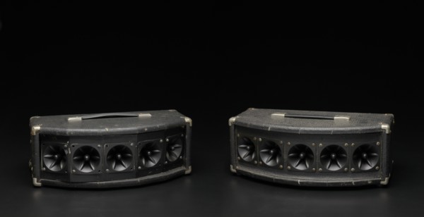 Tweeter box speakers used as part of a DJ setup, 1970s. Creator: Unknown.