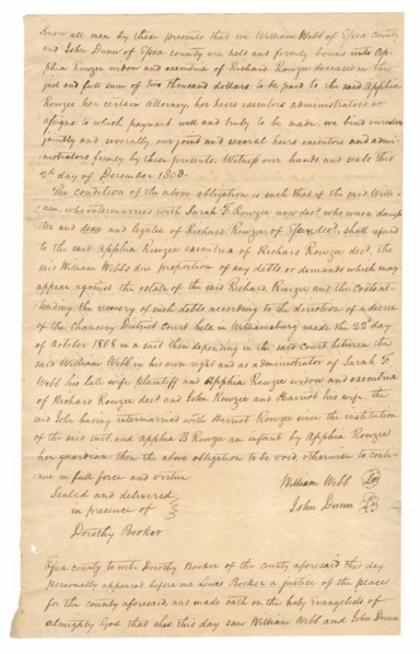 Transcript of court record regarding payment for hire of enslaved persons, December 2, 1808. Creator: Unknown.