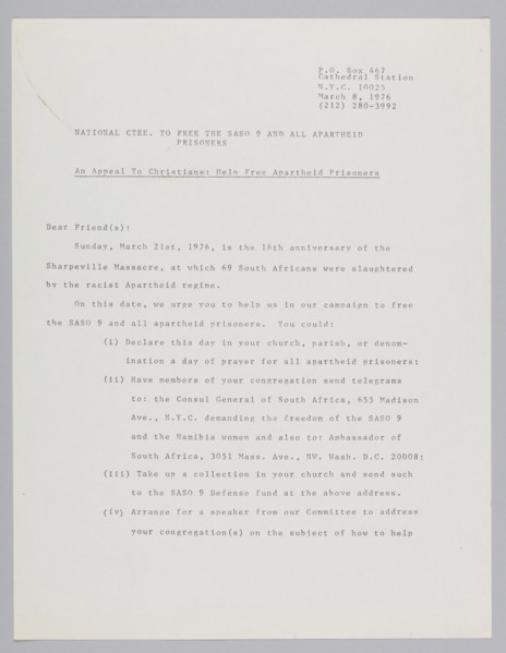 Letter from the Committee to Free the SASO 9, March 8, 1976. Creator: John Akpan.