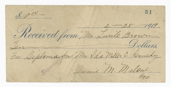 Receipt for ten dollars from Lucille Brown, February 28, 1919. Creator: Unknown.