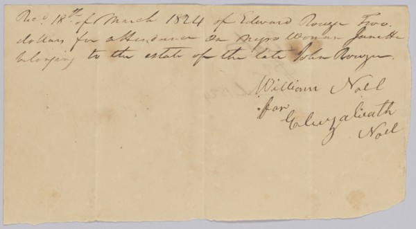 Payment receipt to Eliza Noel for "attendance on a negro woman named Janet", March 18, 1824. Creator: Unknown.