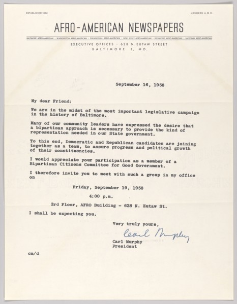 Letter from Carl Murphy and Afro-American Newspapers, September 16, 1958. Creator: Unknown.