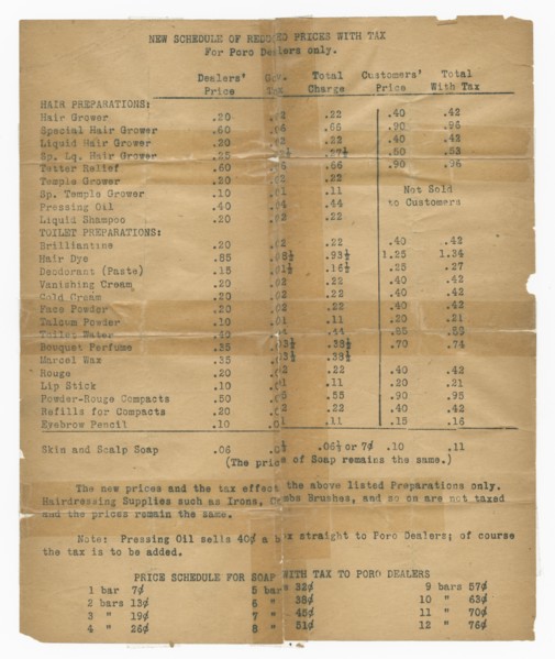 Price list for dealers of Poro beauty products, 1915-1953    . Creator: Unknown.