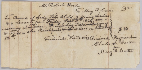 Payment receipt for room and board provided by Mary R. Carter, September 12, 1829. Creator: Unknown.
