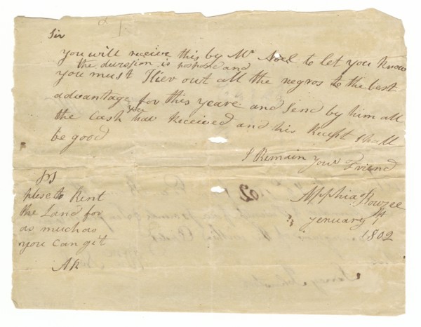 Letter and payment receipt for hire of enslaved persons owned by Apphia Rouzee, January 1, 1802. Creator: Unknown.