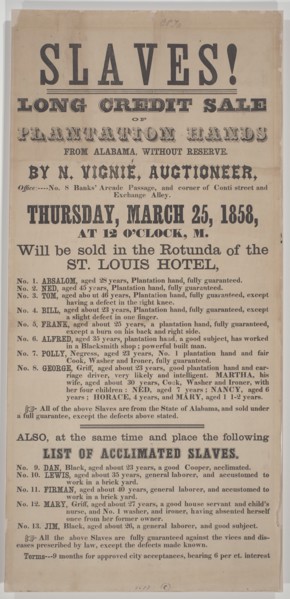 Broadside for a New Orleans auction of 18 enslaved persons from Alabama, 1858. Creator: Unknown.